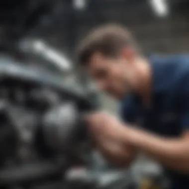 Technician examining car engine