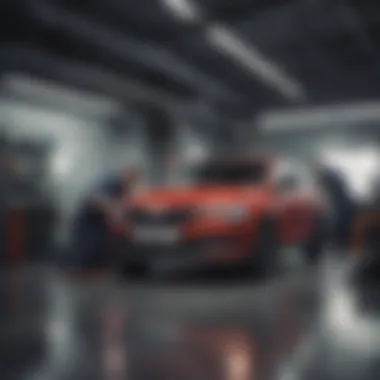 A technician performing routine maintenance on a Škoda vehicle in a service bay.