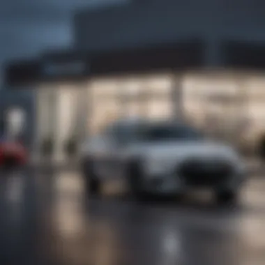 A sleek car parked outside a modern dealership showcasing Ally Financial branding