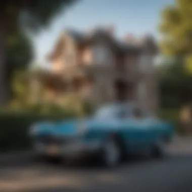 Vintage classic car in front of Victorian house