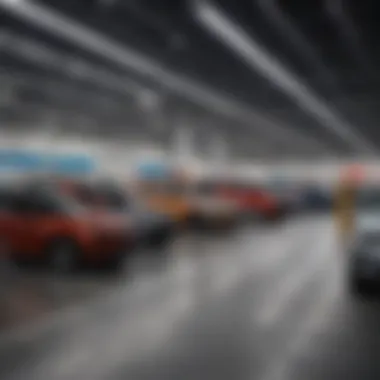 Wide shot of Walmart Auto Center with vehicles in service