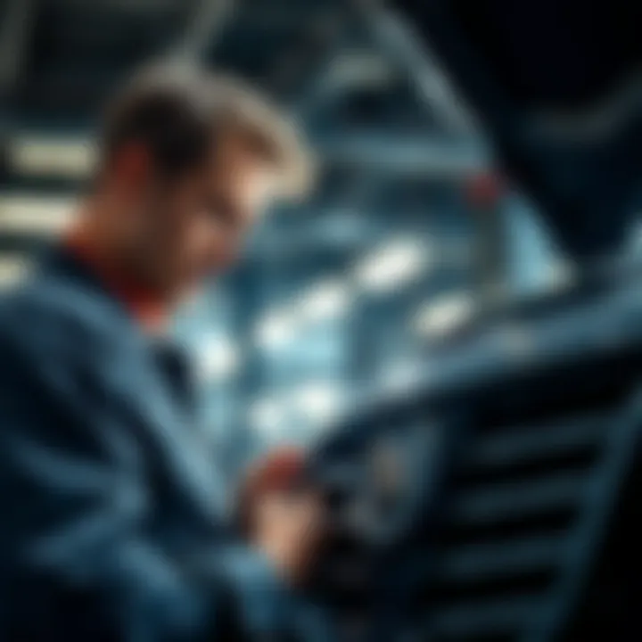 A skilled technician examining a Cadillac vehicle under bright workshop lights.